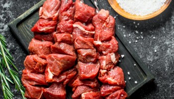 Raw kebab with spices and herbs. On rustic background